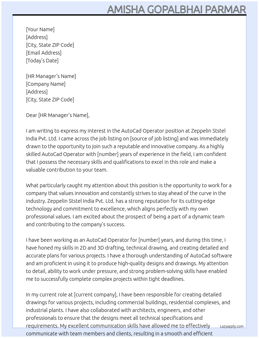 AutoCad Operator At Zeppelin Ststel India Pvt. Ltd. Cover Letter