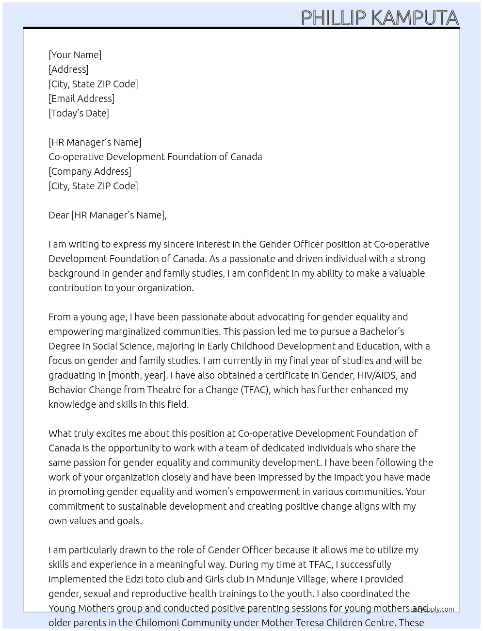 Gender Officer At Co-operative Development Foundation of Canada Cover Letter