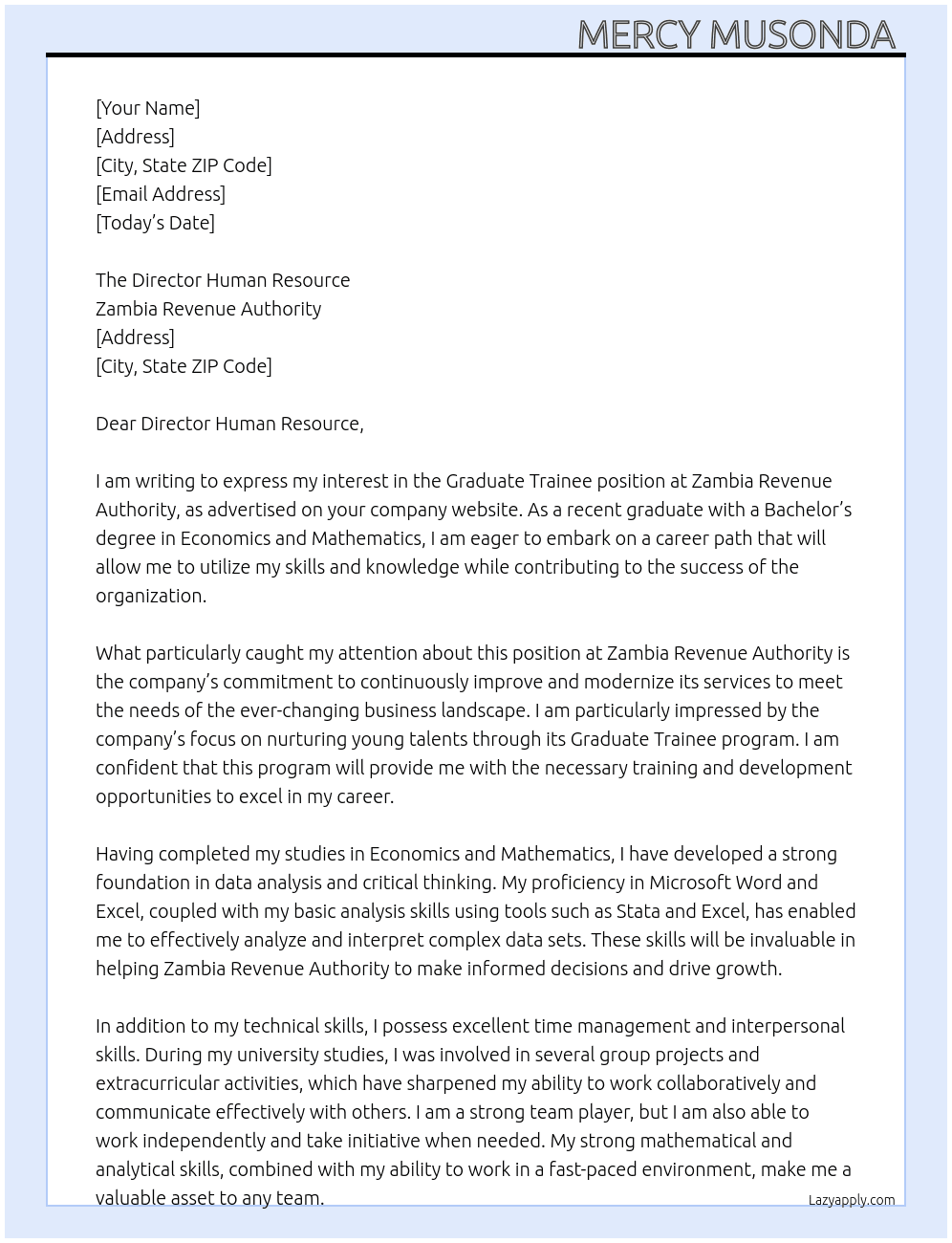 Graduate Trainee At Zambia Revenue Authority  Cover Letter