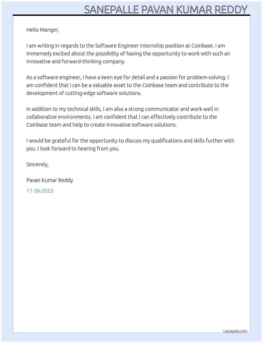  Software Engineer Internship At  Coinbase  Cover Letter