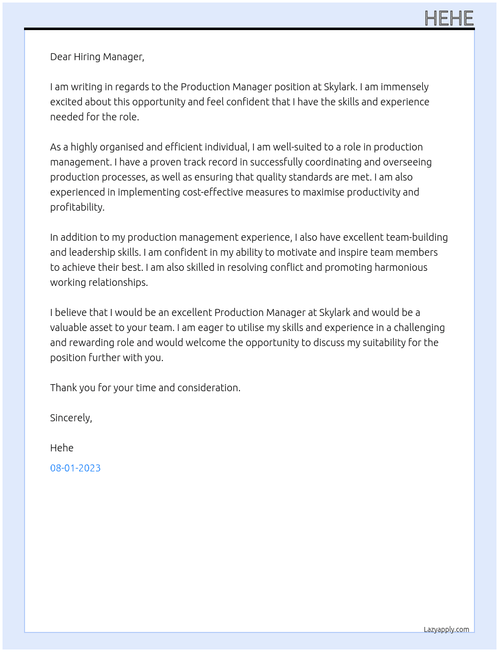 Production Manager At Skylark Cover Letter