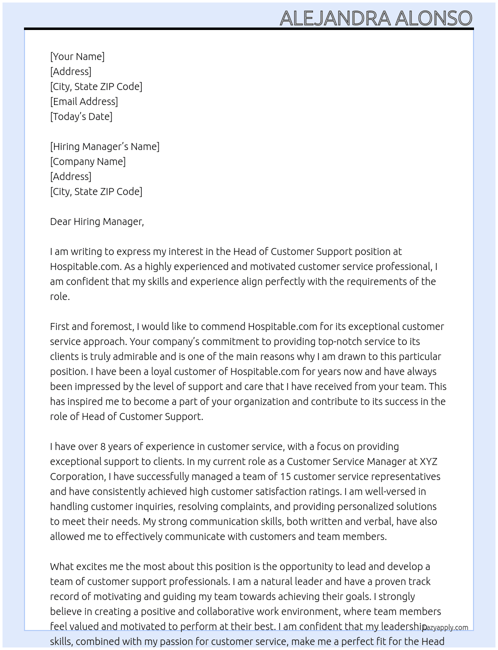 Head od Customer Support At Hospitable.com Cover Letter