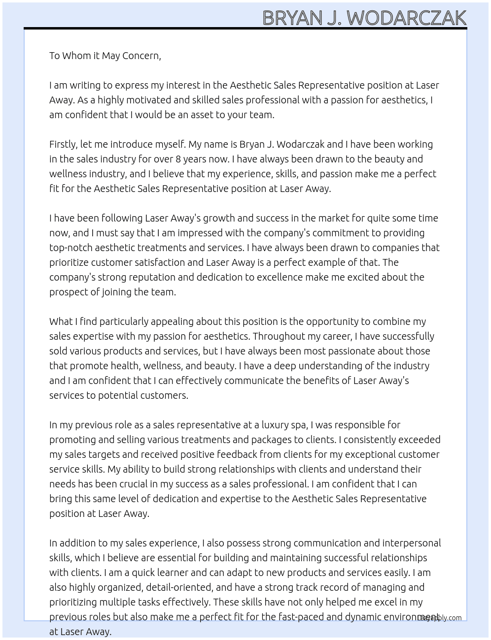 Aesthetic Sales Representative At Laser Away Cover Letter