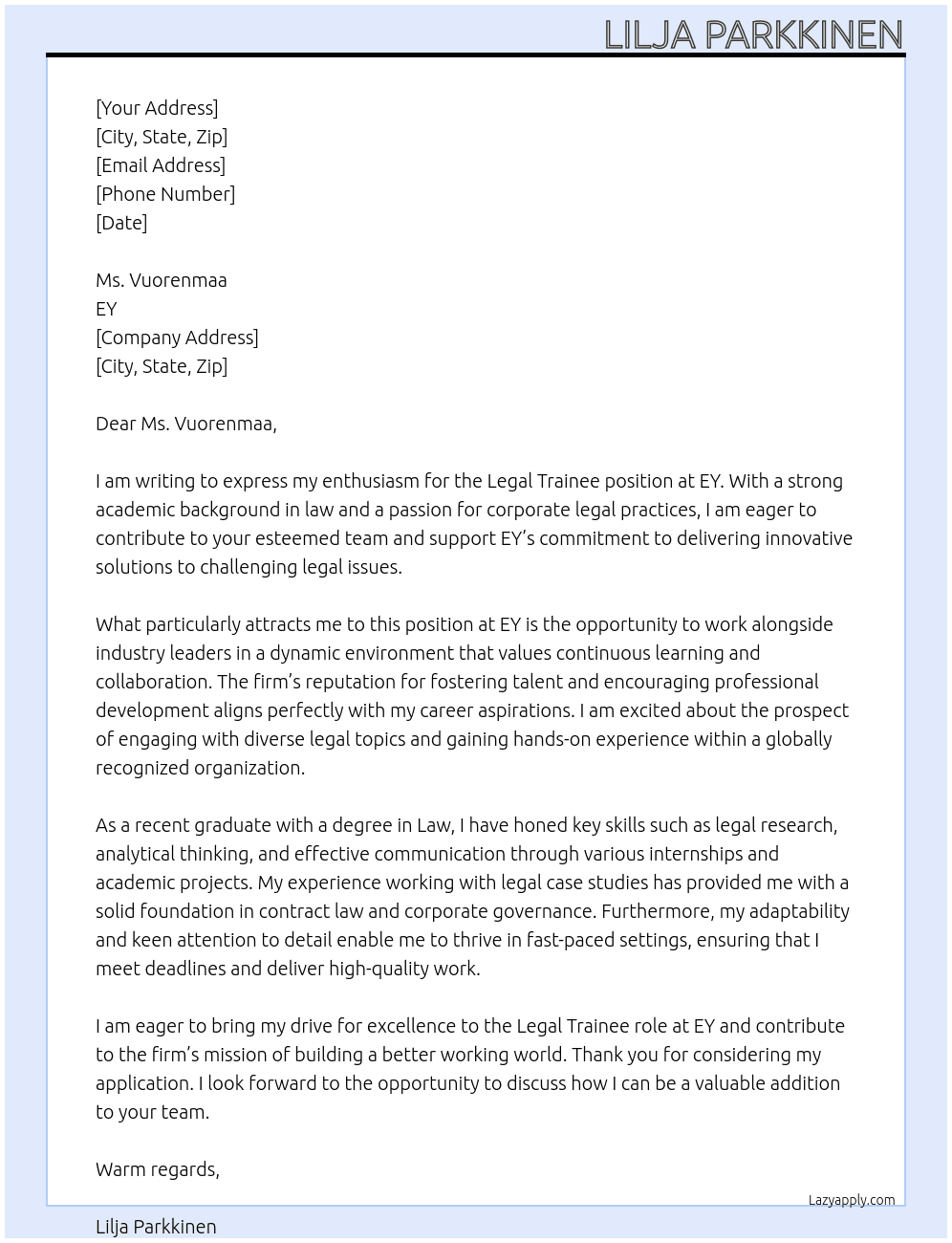 Legal Trainee At EY Cover Letter