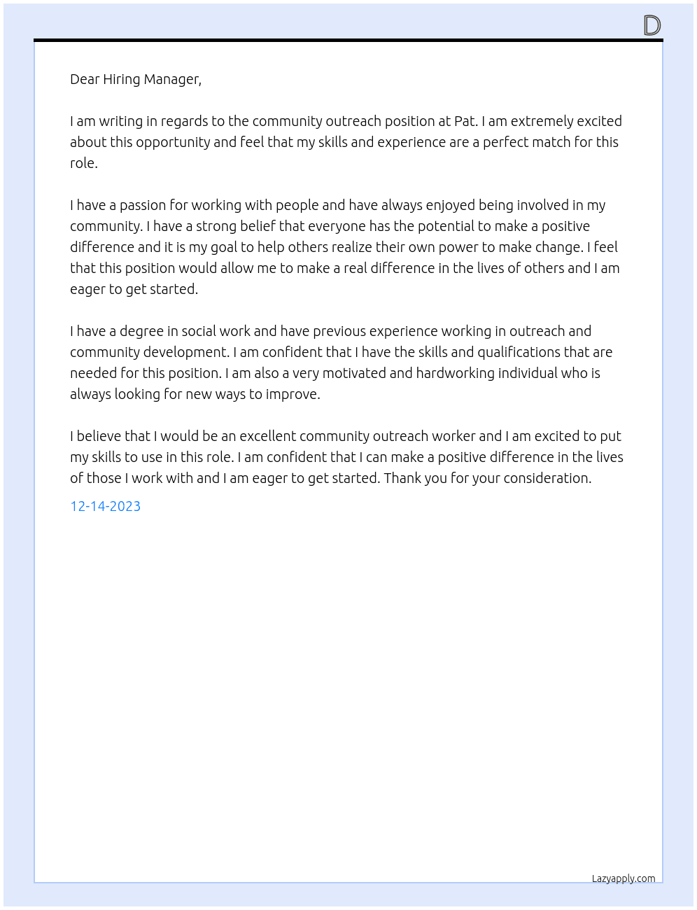 Community outreach At Pat Cover Letter