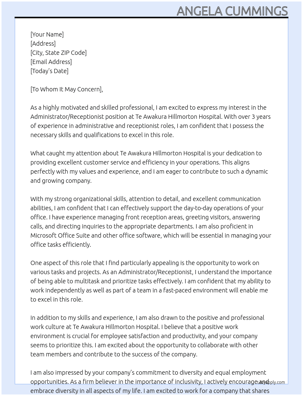 Administrator/ Receptionist At Te Awakura Hillmorton Hospital Cover Letter