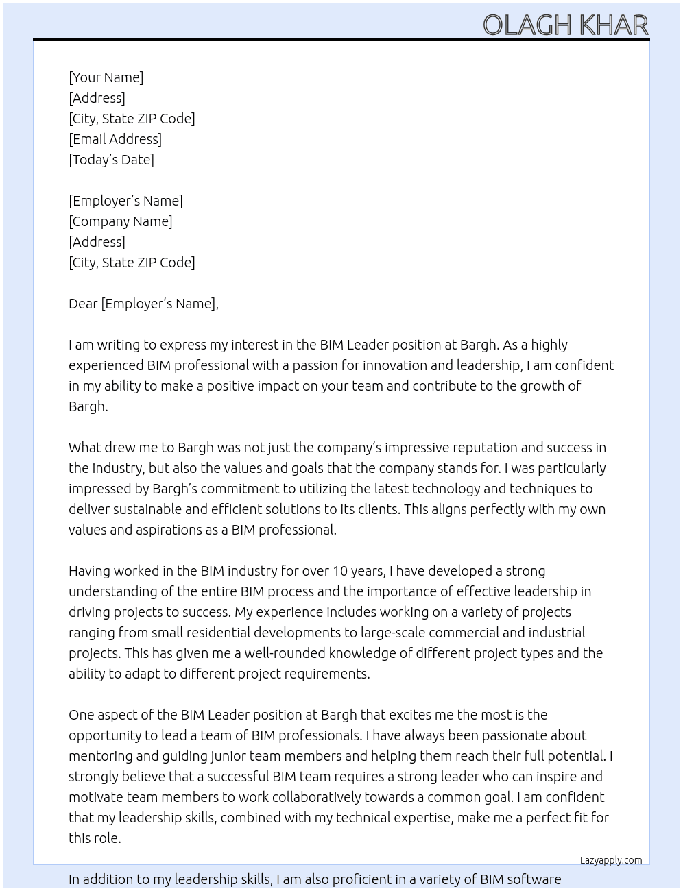 BIM leader At bargh Cover Letter