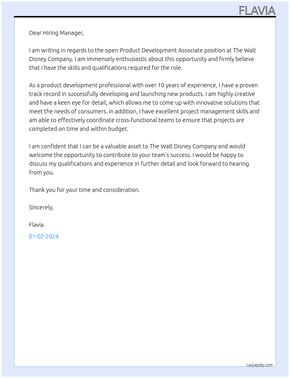 Product Development Associate At The Walt Disney Comany Cover Letter