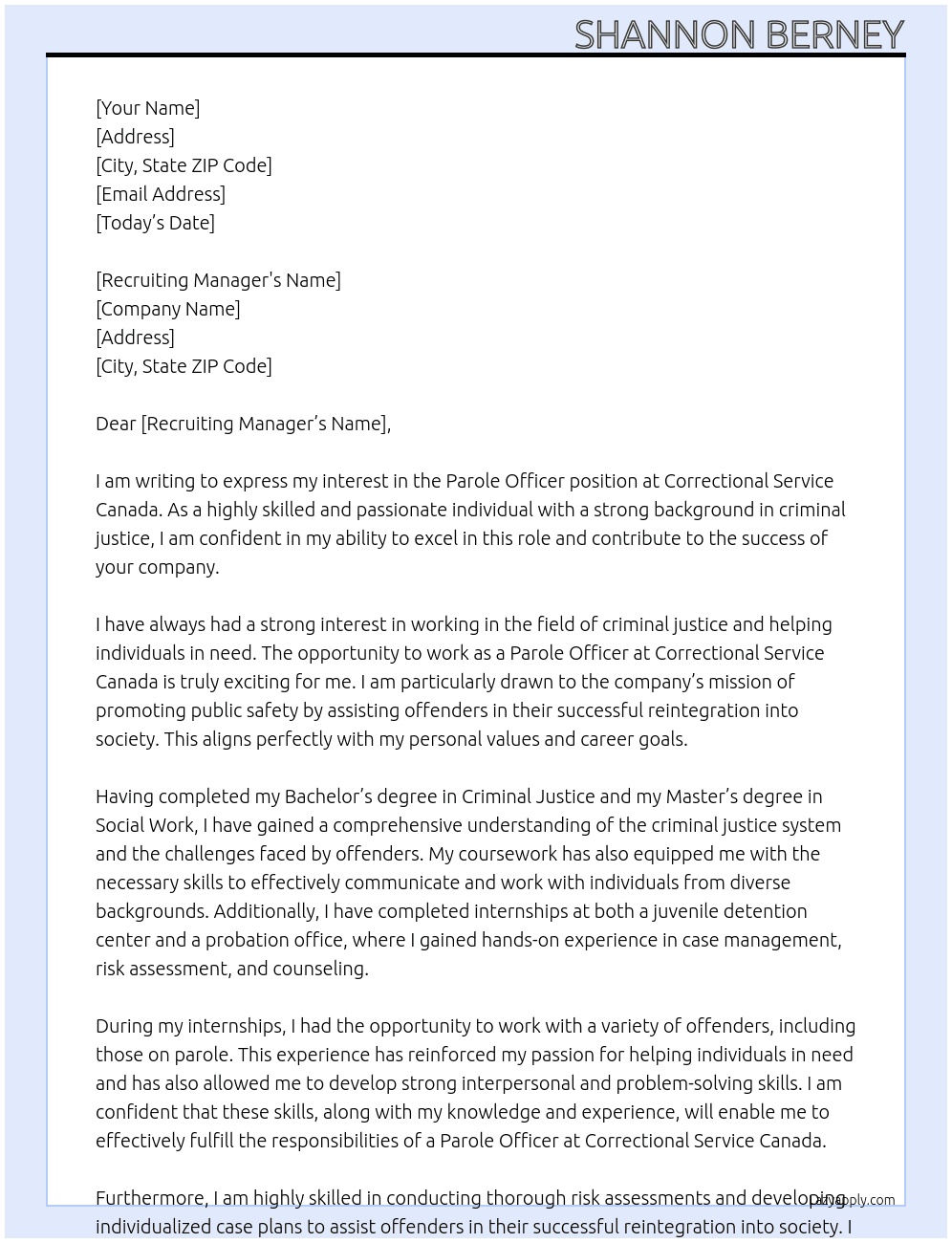 Parole officer At Correctional Service Canada Cover Letter