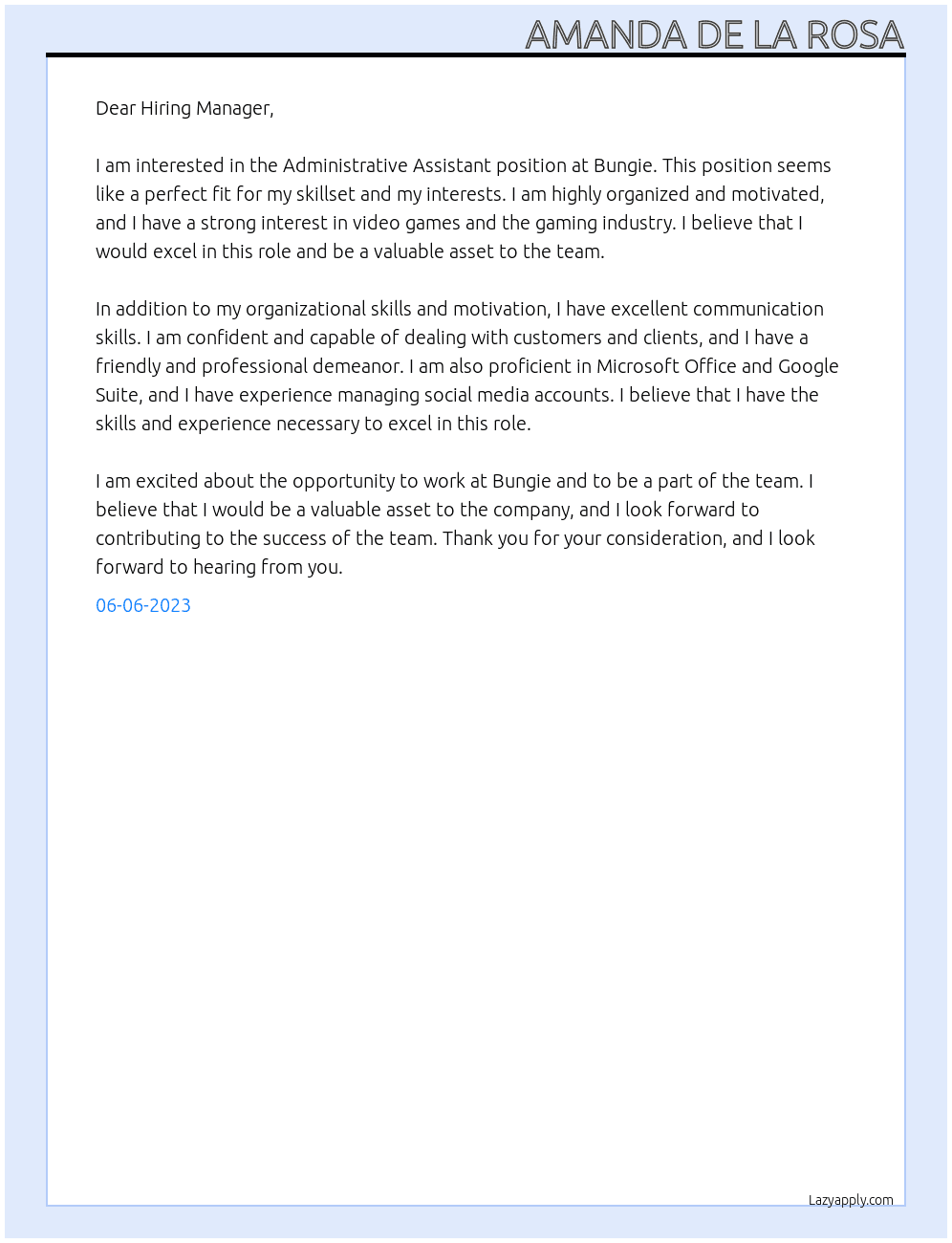 Administrative Assistant At Bungie Cover Letter