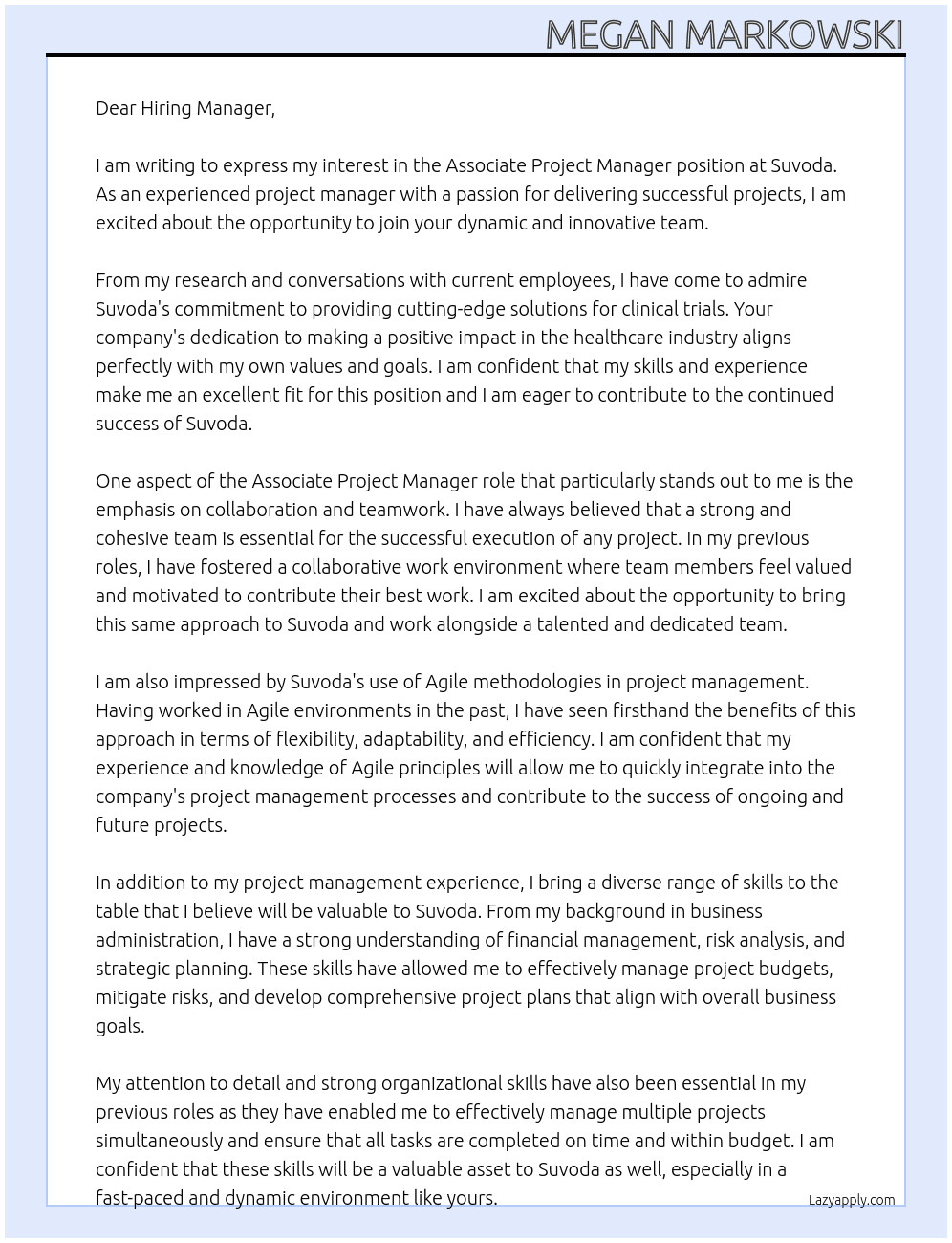 Cover letter for associate project manager - LazyApply
