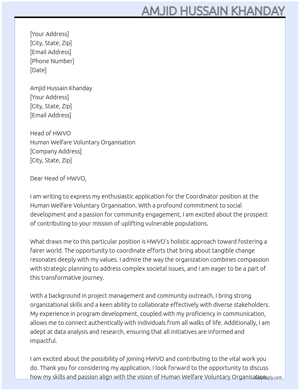Coordinator  At Human Welfare Voluntary Organisation Cover Letter
