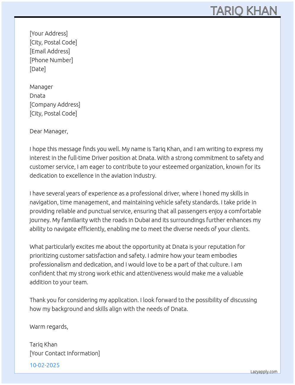 Driver At Dnata Cover Letter