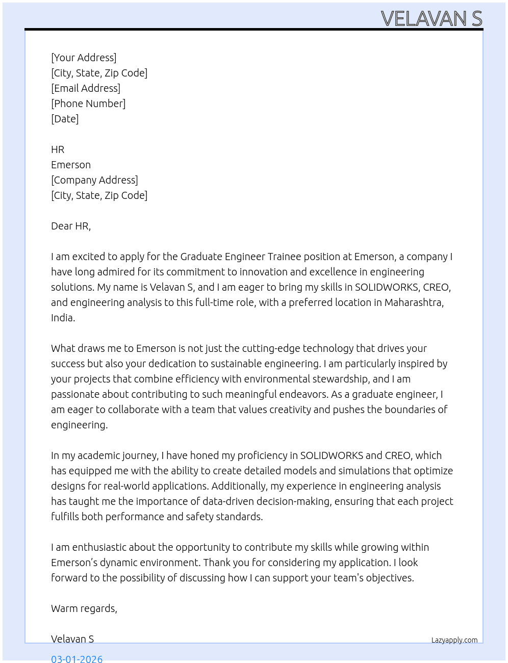 graduate engineer trainee At EMERSON  Cover Letter