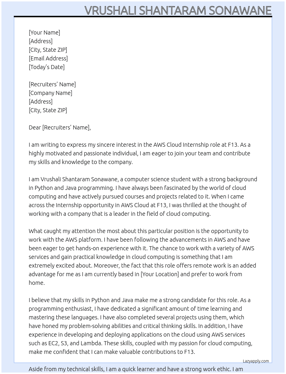 AWS cloud  At F13 Cover Letter