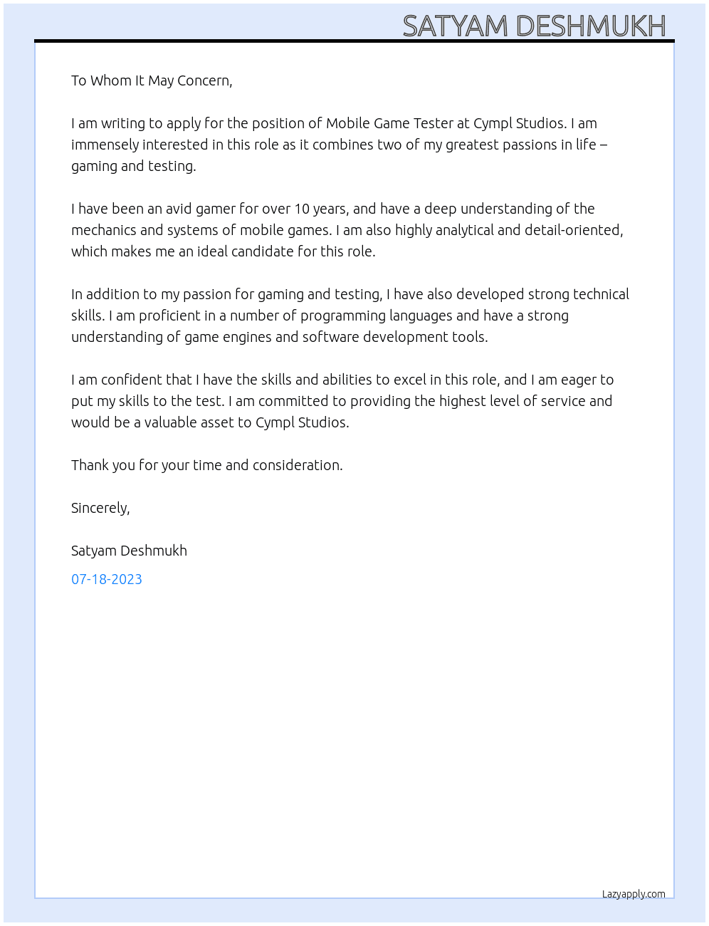 Mobile game tester  At Cympl studios  Cover Letter