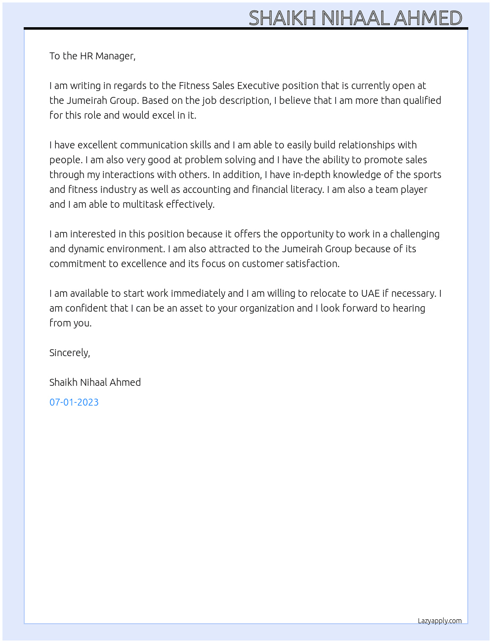 Fitness sales executive  At Jumeirah Group  Cover Letter
