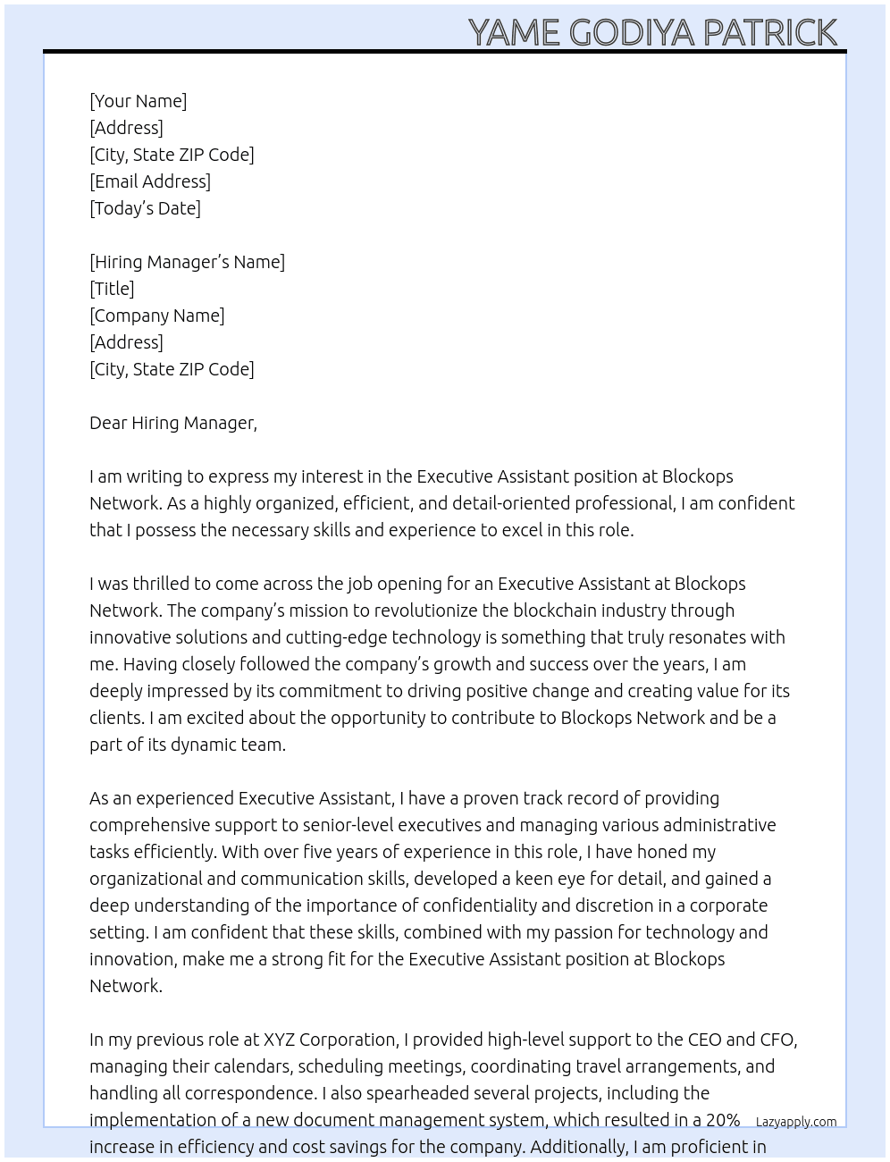 Executive Assistant  At Blockops Network Cover Letter