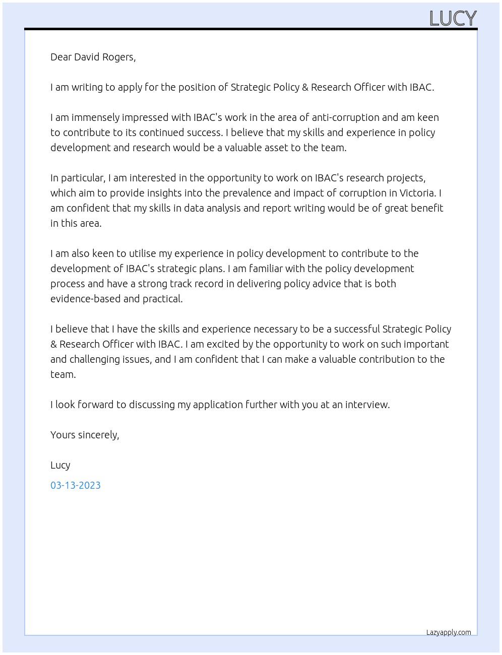 Strategic Policy & Research Officer At IBAC Cover Letter