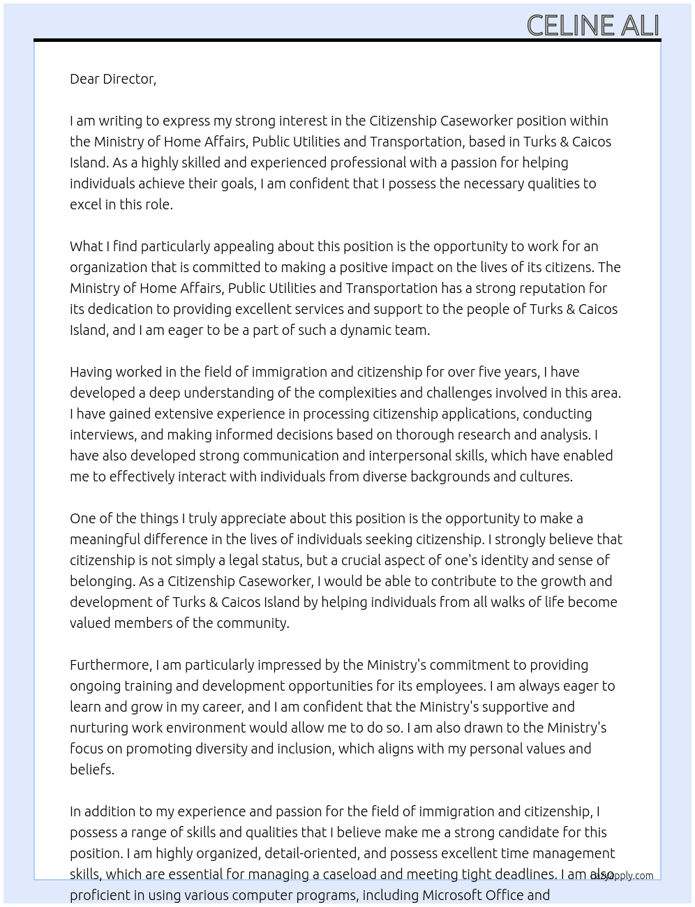 Citizenship Caseworker At The Ministry of Home Affairs, Public Utilities and Transportation Cover Letter