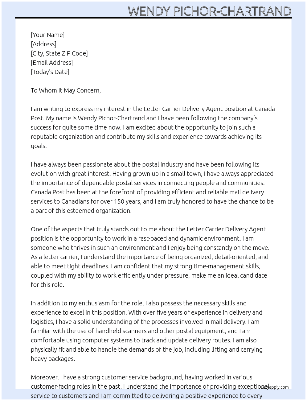 Cover letter for letter carrier - delivery agent - LazyApply