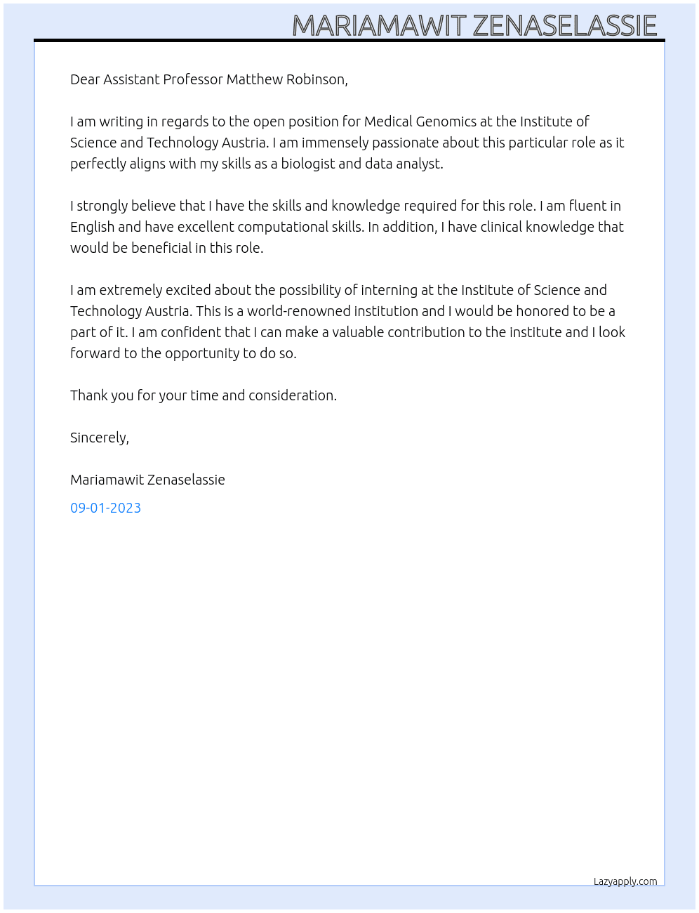 Medical Genomics At Institute of Science and Technology Austria Cover Letter