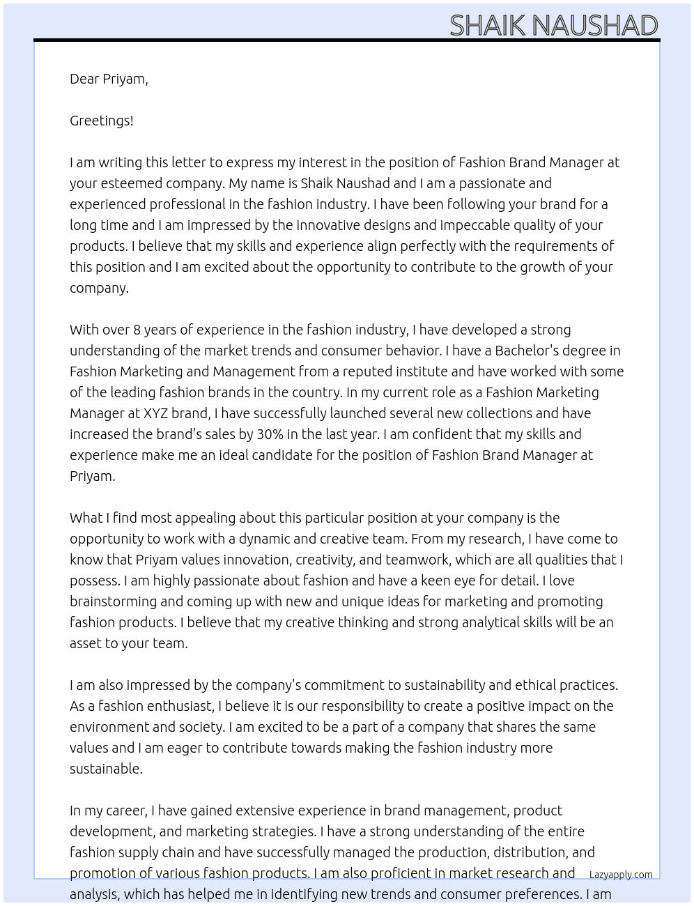 Fashion brand manager At Priyam Cover Letter