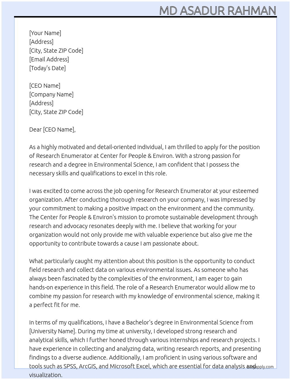 Research Enumerator  At Center for people & Environ Cover Letter