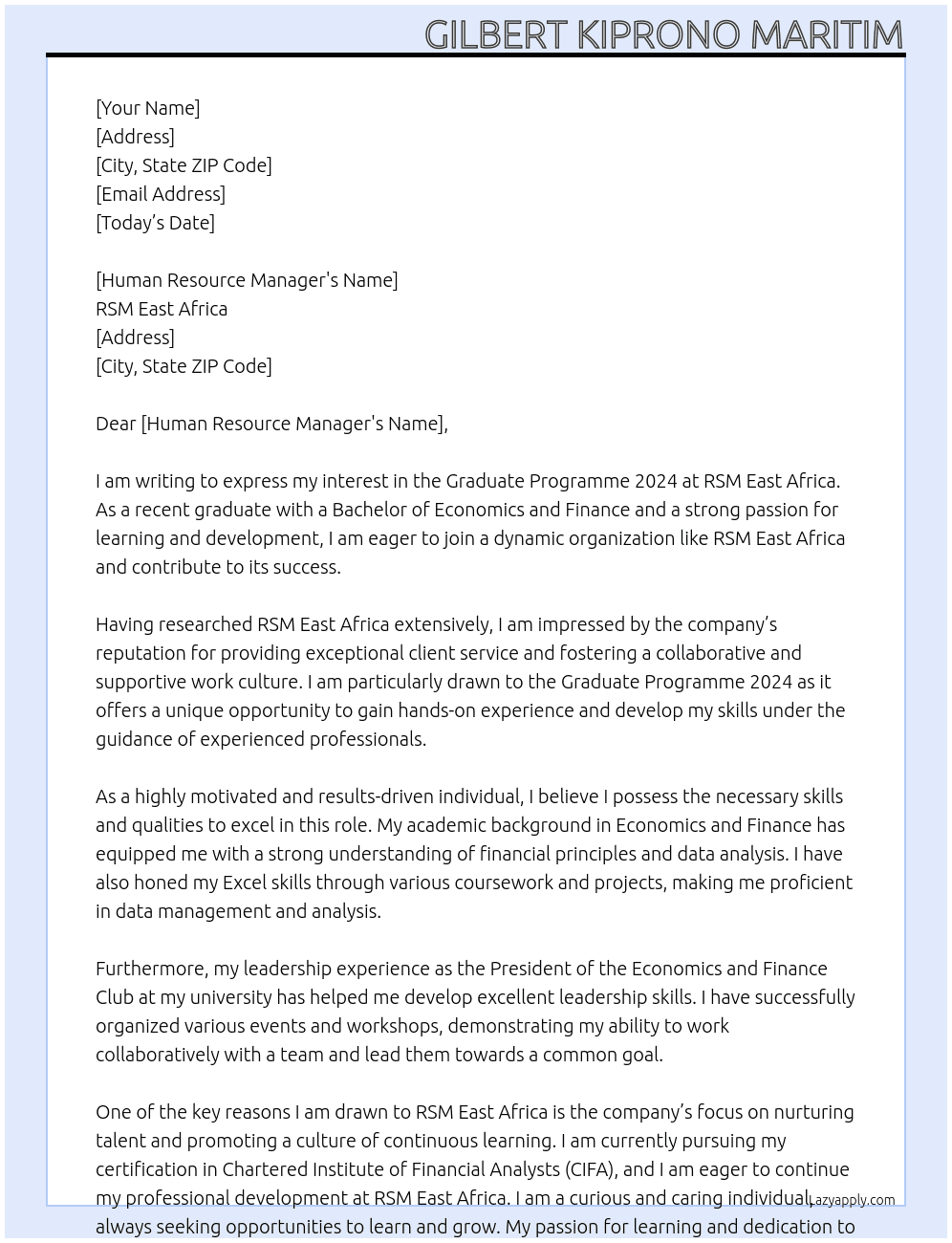 Graduate Programme 2024 At RSM East Africa Cover Letter