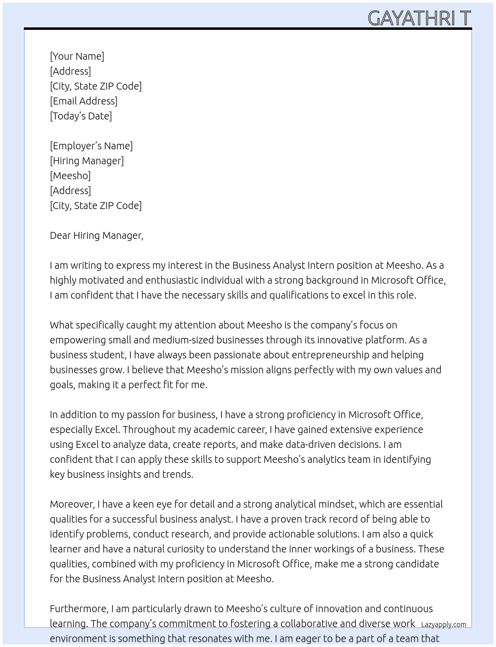 BUSINESS ANALYST INTERN At MEESHO Cover Letter