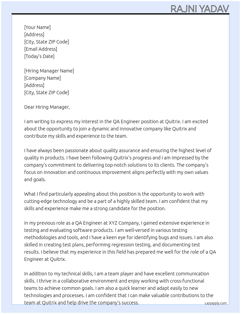 QA  Engineer At Quitrix Cover Letter