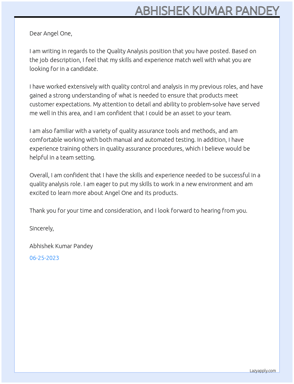 Quality Analysis At Angel one Cover Letter