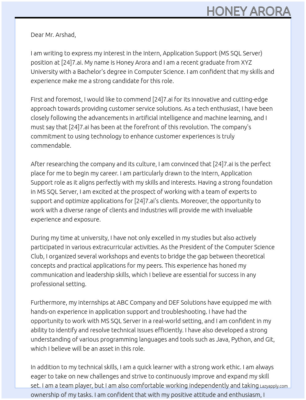 Intern, Application Support (MS SQL Server)    At  [24]7.ai Cover Letter