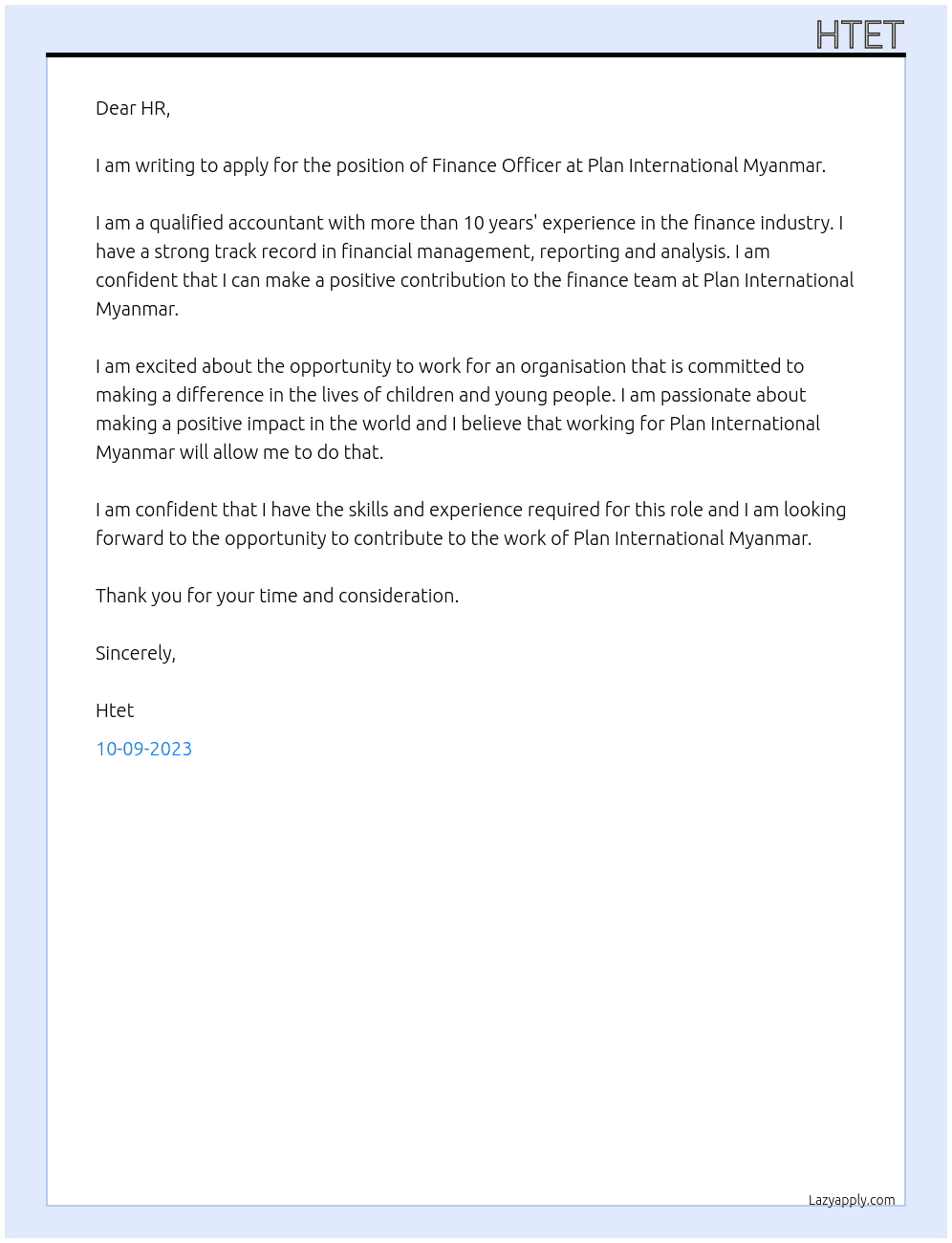 Finance Officer At Plan International Myanmar Cover Letter