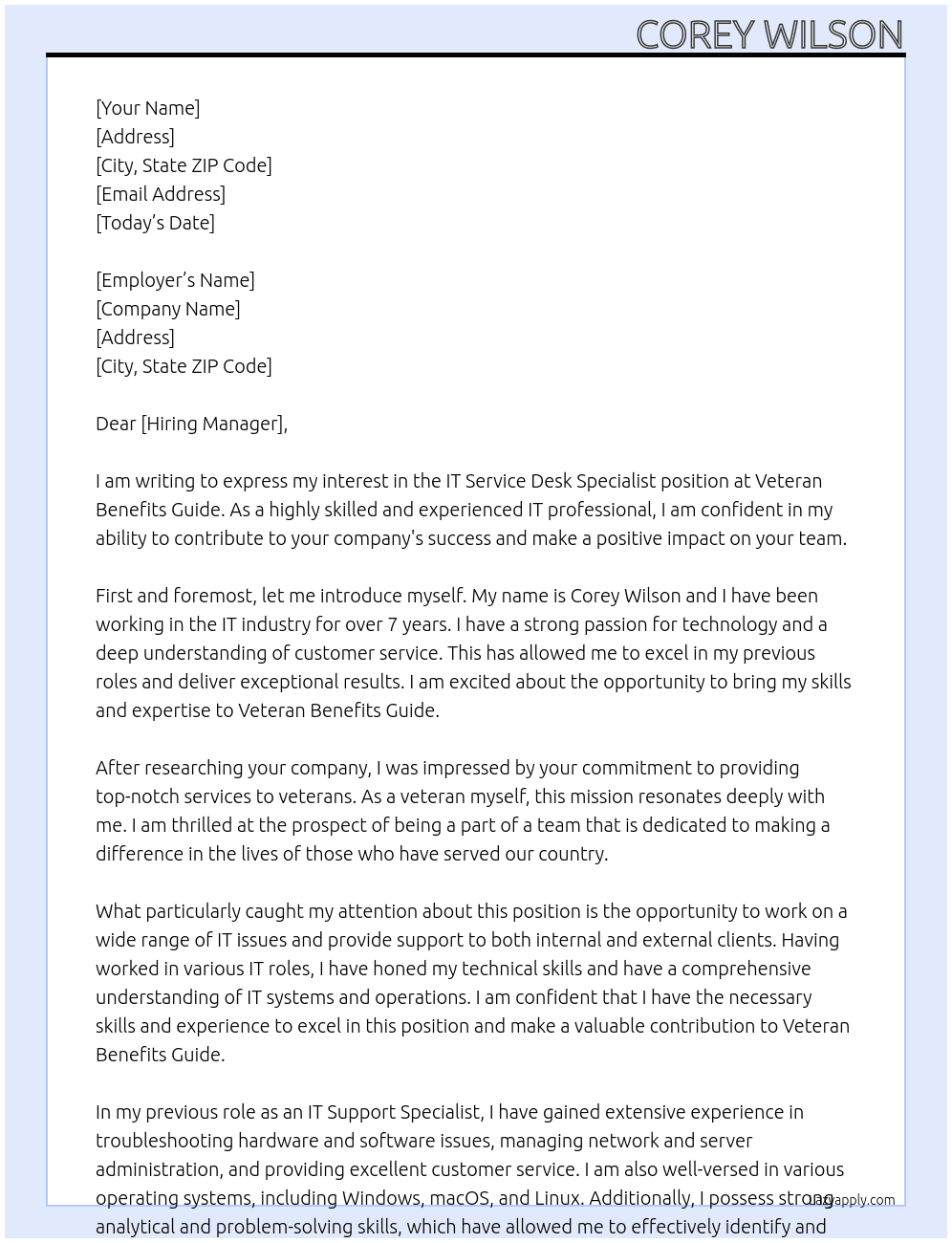 IT service desk specialist At veteran benefits guide Cover Letter
