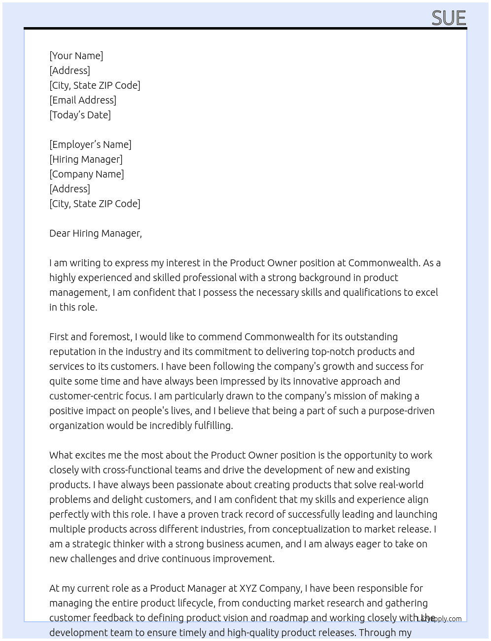 product owner At Commonwealth Cover Letter
