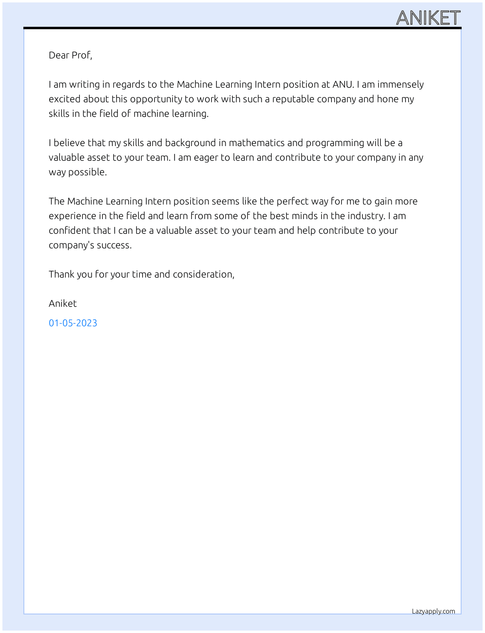 Machine Learning Intern At ANU Cover Letter