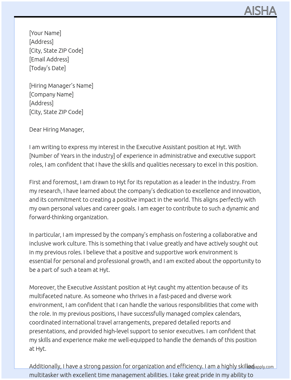 Executive Assistant  At Hyt Cover Letter