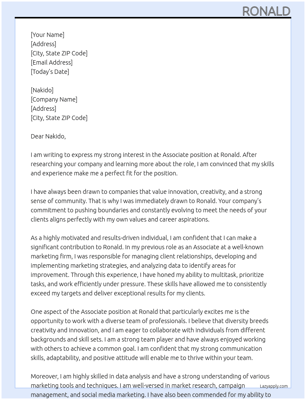 Associate At ronald Cover Letter