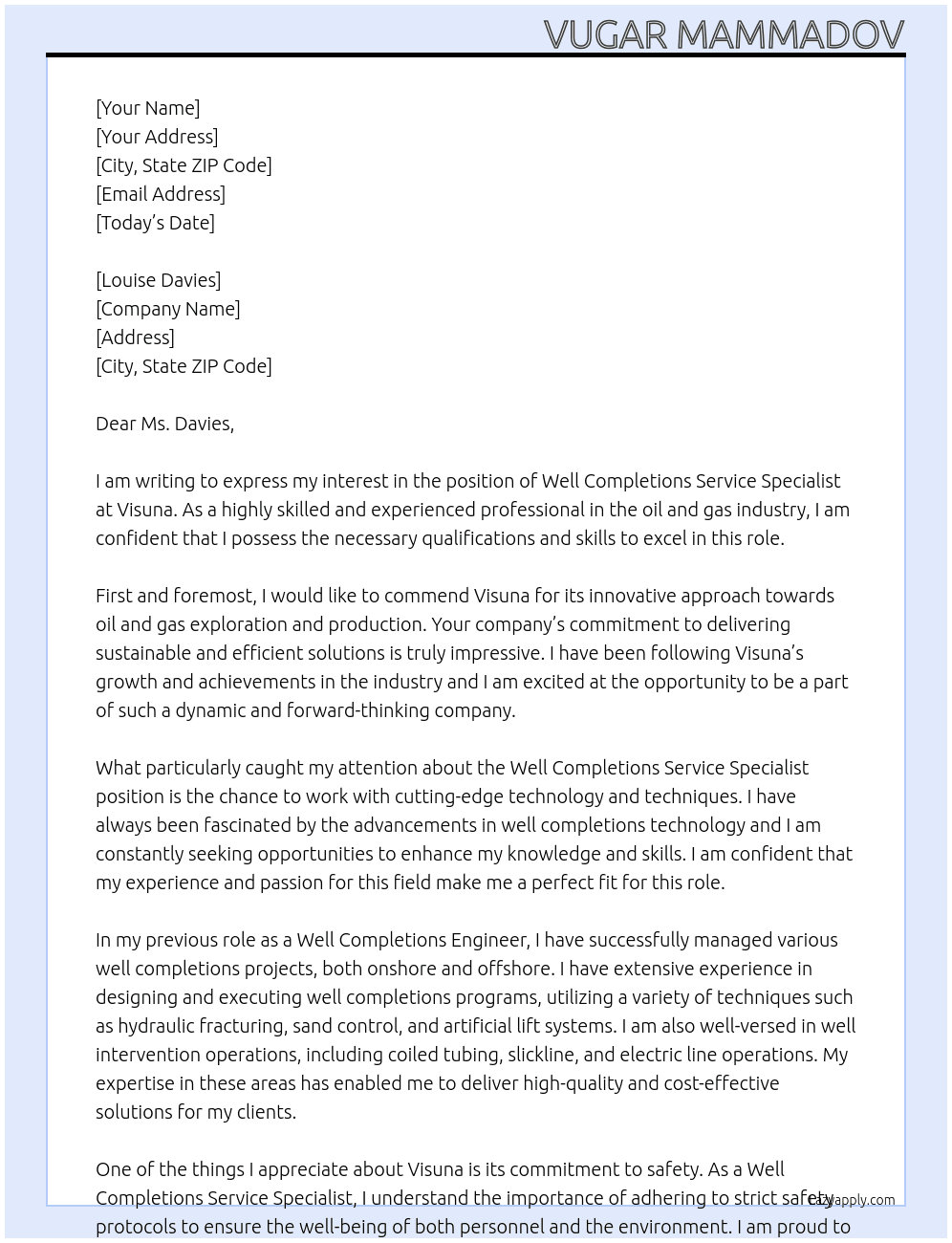Cover letter for well completions service specialist - LazyApply