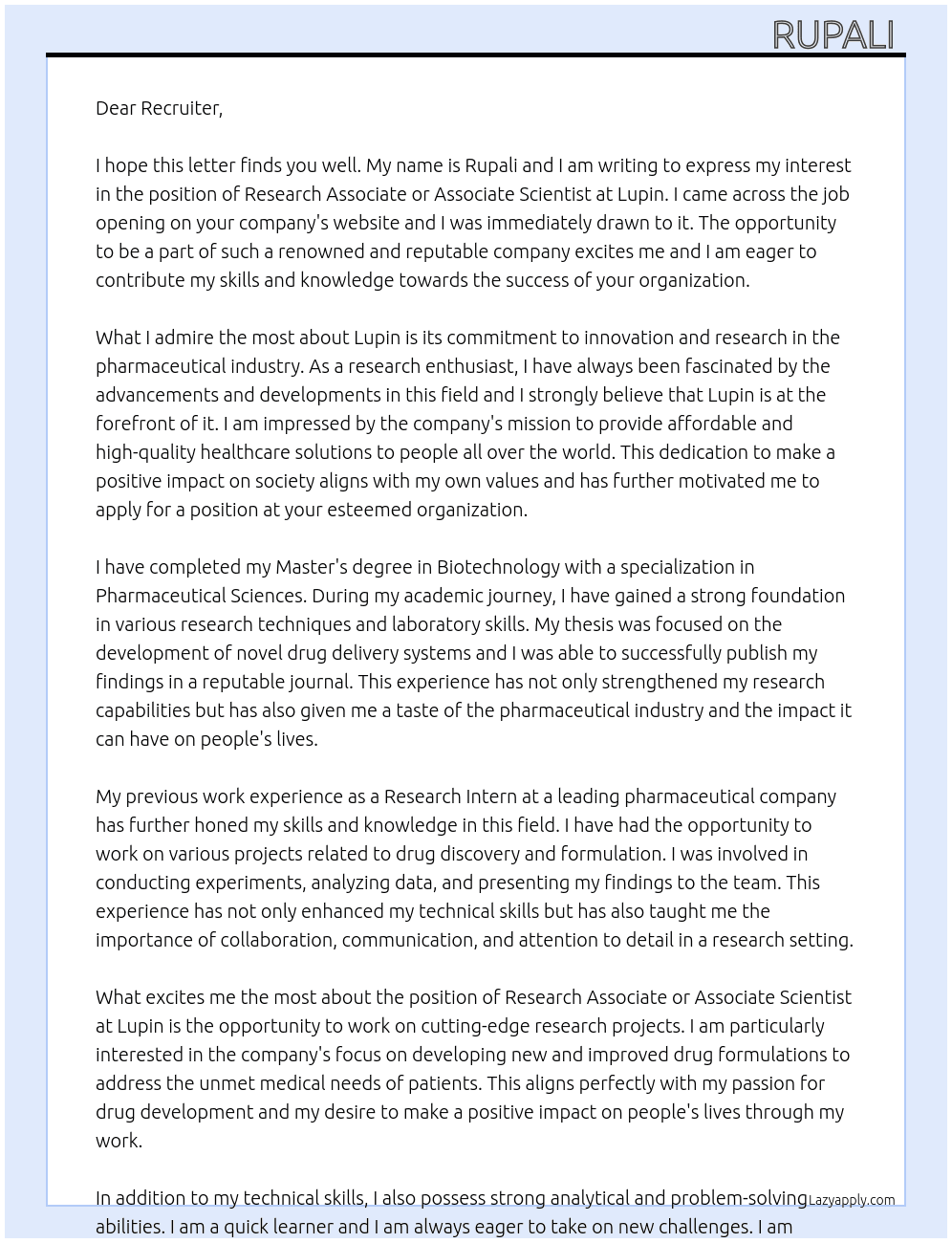 Research Associate or Associate Scientist At lupin Cover Letter