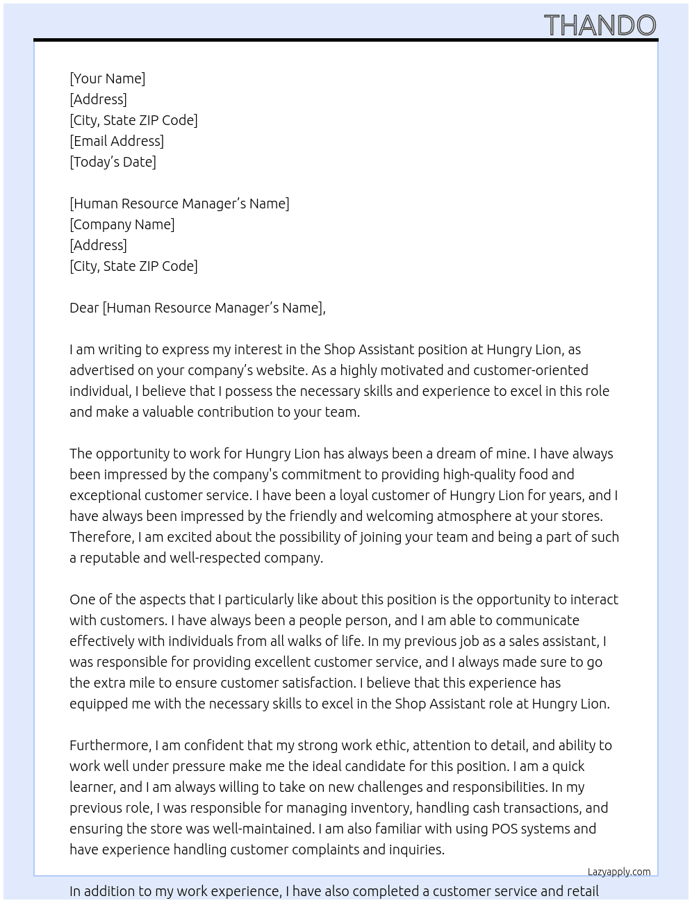 Shop assistant  At Hungry lion Cover Letter