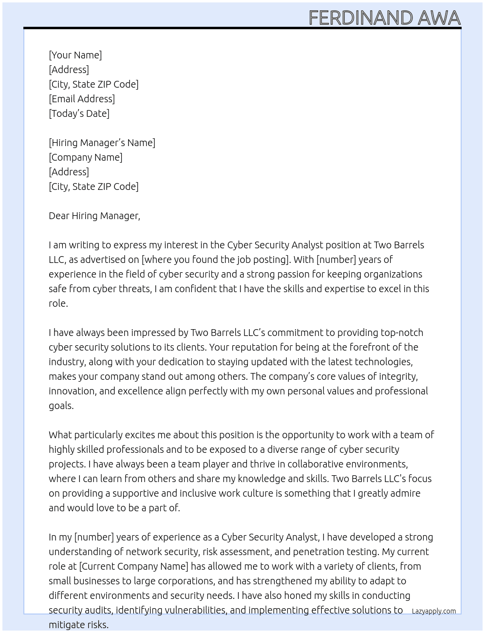 Cyber Security Analyst At Two Barrels LLC Cover Letter