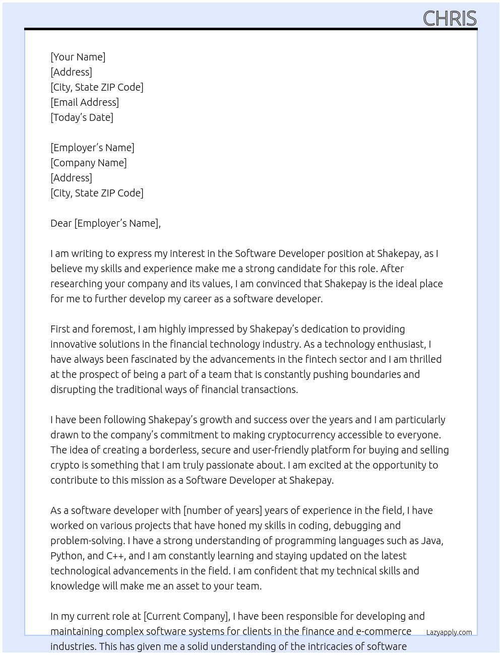 Software Developer At Shakepay Cover Letter
