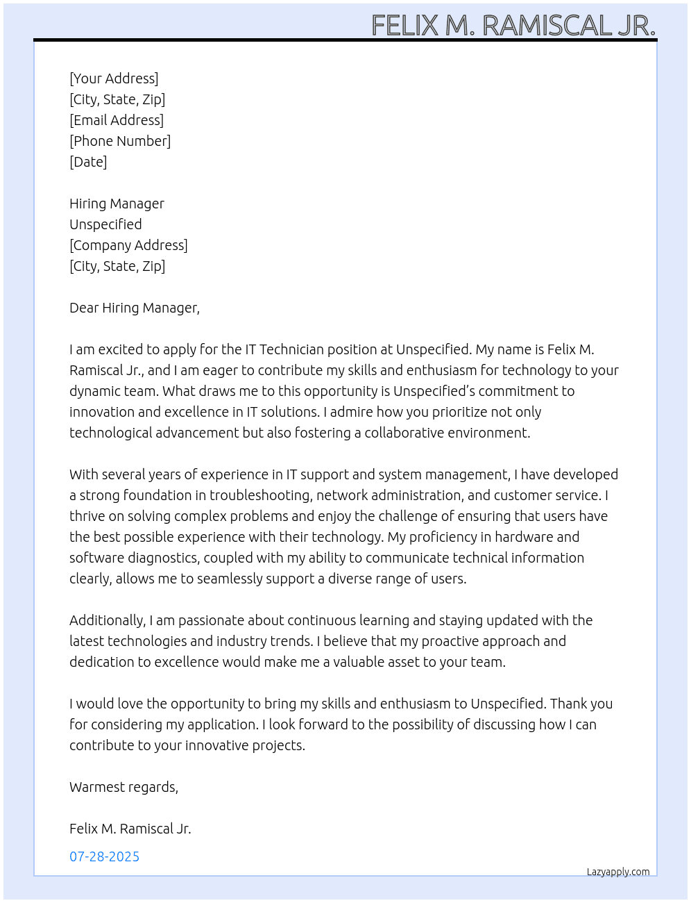 IT Technician At Unspecified Cover Letter