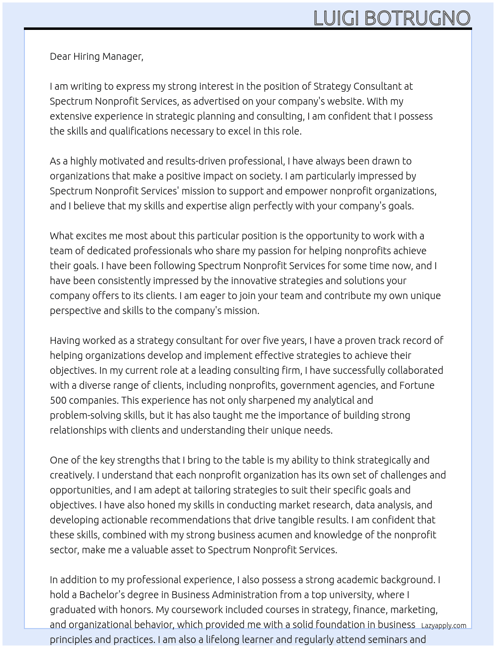 Strategy Consultant At Spectrum Nonprofit Services Cover Letter