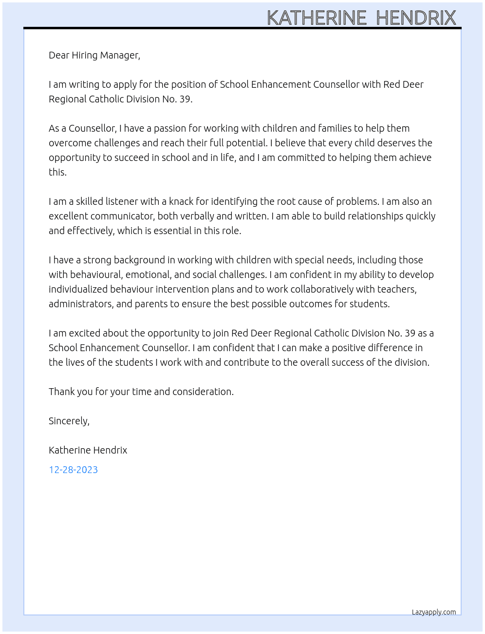 School Enhancement Counsellor  At Red Deer Regional Catholic Division No 39 Cover Letter