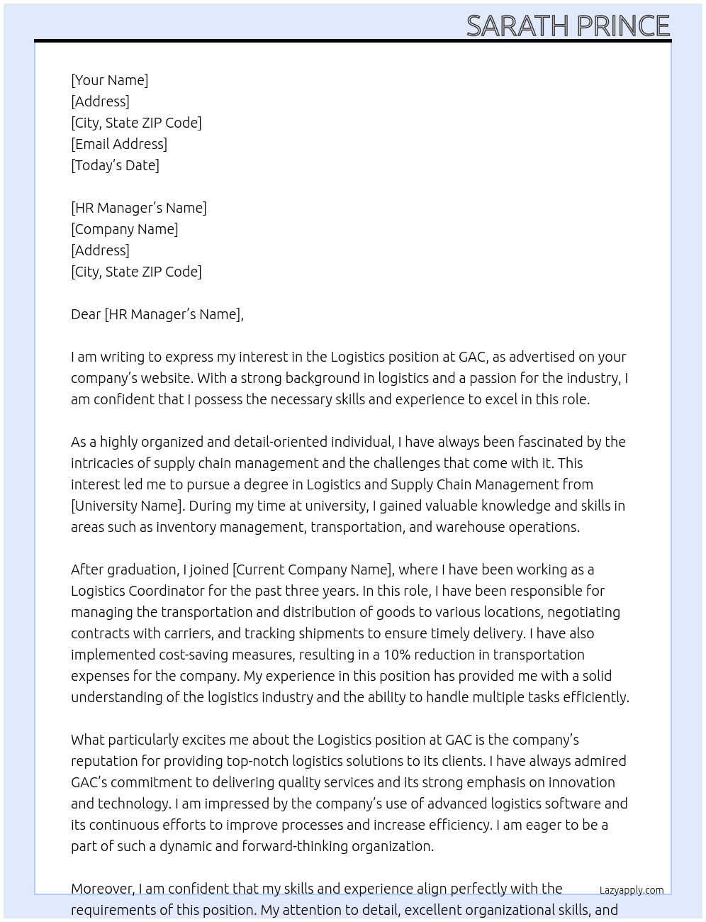 Logistics  At GAC Cover Letter