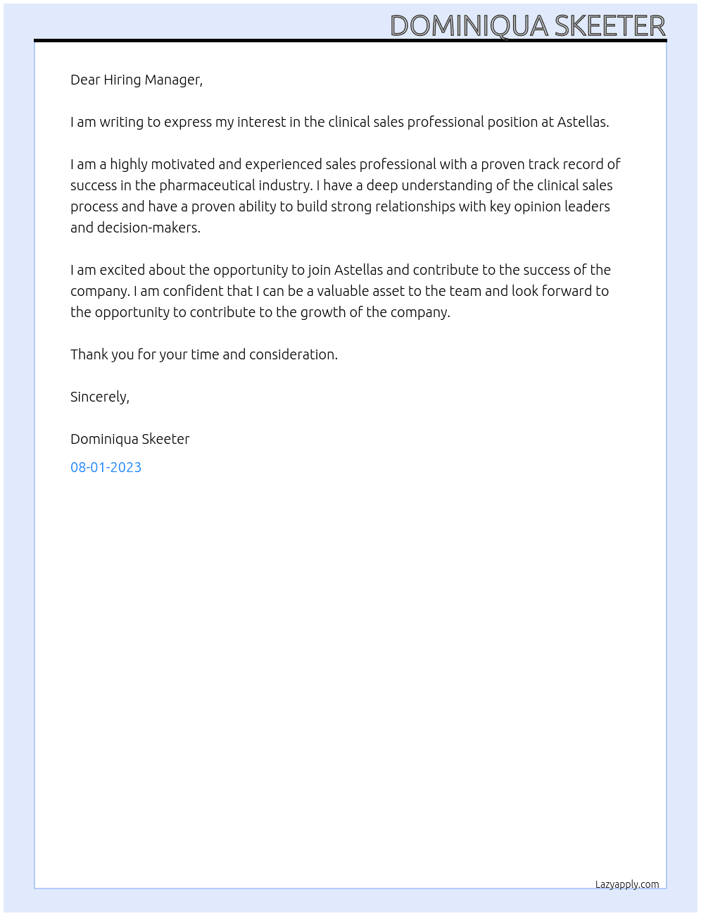 clinical sales professional At Astellas Cover Letter