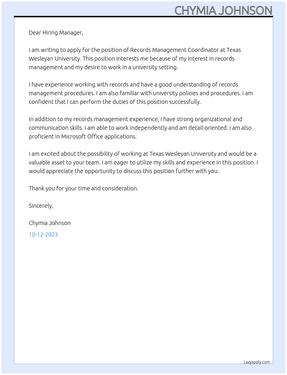 Records Management Coordinator At Texas Wesleyan University  Cover Letter